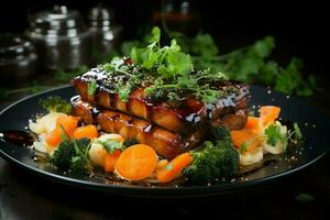 A delicious crispy pork belly fancy on plate. Restaurant food and asian cuisine concept by AI Generated photo