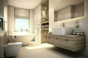 interior diseño de un bonito moderno baño. 3d representación moderno baño o baño en hotel o casa concepto por ai generado foto
