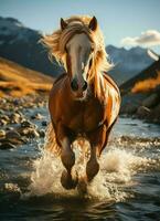 un salvaje caballo corriendo en el arroyo. salvaje o granja animales concepto por ai generado foto