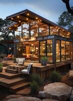A container home building on a plot of land. 2 storey modern container house, cafe or restaurant concept by photo