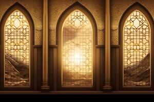 Eid mubarak and ramadan kareem greetings with islamic lantern and mosque. Eid al fitr background. Eid al fitr background of window concept by AI Generated photo