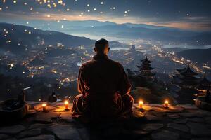 un Buda se sienta en el montaña con un loto y velas antecedentes para vesak celebracion. vesak día concepto. vesak celebracion día saludos concepto por ai generado foto