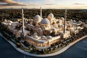 Awesome buildings of mosque in ramadan vibes. Ramadan kareem eid mubarak islamic mosque concept by AI Generated photo