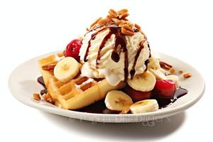 A delicious Banana split ice cream dessert with chocolate syrup. Banana split ice cream dessert by photo