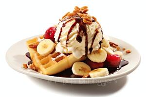 A delicious Banana split ice cream dessert with chocolate syrup. Banana split ice cream dessert by AI Generated photo