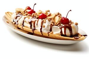 A delicious Banana split ice cream dessert with chocolate syrup. Banana split ice cream dessert by photo