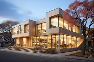 ver de temprano infancia aprendizaje edificio. diseño con moderno exterior hecho de madera y un plano techo concepto por ai generado foto