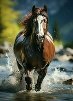 un salvaje caballo corriendo en el arroyo. salvaje o granja animales concepto por ai generado foto