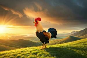 Rooster on the meadow in the sunset. 3d rendering. Ai generative photo