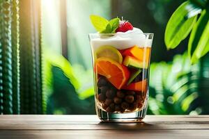 helado con frutas y nueces en el lujo vaso a de madera mesa, ai generativo foto