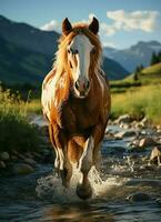 un salvaje caballo corriendo en el arroyo. salvaje o granja animales concepto por ai generado foto