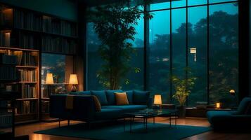 minimalist interior with library, generative Ai art photo