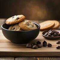 chocolate chip Galleta en un plato a de madera mesa, generativo ai Arte foto