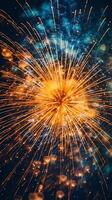 Beautiful firework show with cityscape at night for celebration happy new year. Firework display concept by photo