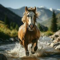 un salvaje caballo corriendo en el arroyo. salvaje o granja animales concepto por ai generado foto