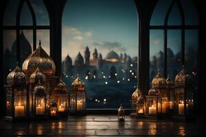 Eid mubarak and ramadan kareem greetings with islamic lantern and mosque. Eid al fitr background. Eid al fitr background of window concept by photo