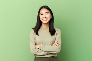 Beautiful asian woman in casual with smile cheerful. Studio shot asian woman standing hand gesture concept by AI Generated photo