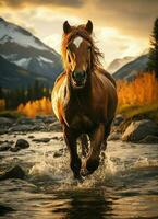 A wild horse running in the creek. Wild or farm animals concept by AI Generated photo