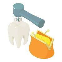 Tooth treatment icon isometric vector. Caries removing process and coin wallet vector