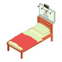 Bedroom interior icon isometric vector. Bed with linen and big poster on wall vector