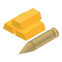 War income icon isometric vector. Large weapon bullet near three golden bars vector