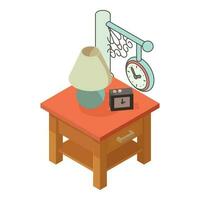 Bedroom interior icon isometric vector. Bedside table with lamp and alarm clock vector