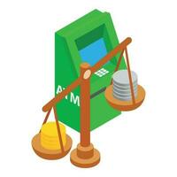 Financial technology icon isometric vector. Atm machine and coin stack on scales vector