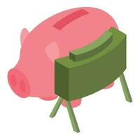 Military mine icon isometric vector. Green land mine and pink piggy bank icon vector