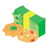 Crispy cookie icon isometric vector. Shortbread cookie and dollar banknote stack vector