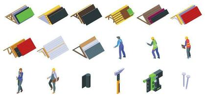 Roofer icons set isometric vector. Roof repair vector