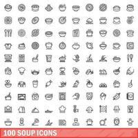 100 soup icons set, outline style vector