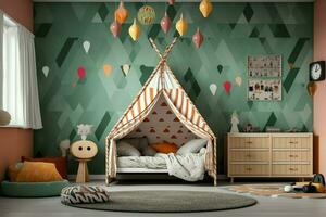 moderno niño dormitorio interior diseño en casa con decoración niños. vistoso niños dormitorio foto