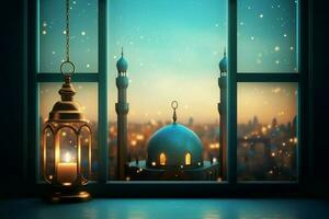 Eid mubarak and ramadan kareem greetings with islamic lantern and mosque. Eid al fitr background. Eid al fitr background of window concept by AI Generated photo