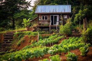 Wooden house in village with plants and flowers in backyard garden. Garden and flower on rural house concept by AI Generated photo