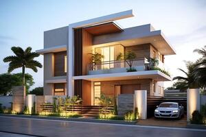 Beautiful modern house exterior with carport. Modern residential district and minimalist building concept by photo
