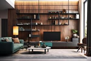 Modern apartment interior in living or bedroom design with working table, furniture, and bookshelf. Luxury home scandinavian concept by AI Generated photo