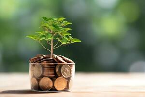 negocio crecimiento con un creciente árbol en un moneda. demostración financiero desarrollos financiero planificación concepto por ai generado foto