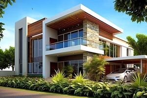 Beautiful modern house exterior with carport. Modern residential district and minimalist building concept by photo