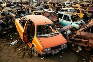 oxidando antiguo basura carros con ambiente contaminación en depósito de chatarra para reciclaje. abandonado coche residuos concepto por ai generado foto