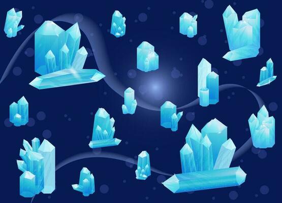 Crystal Set. Healing Transparent Healing Quartz. Blue Gradient Transparent Bright Gemstone. The Magic Stone