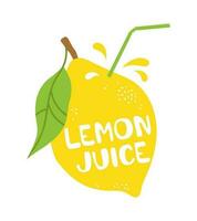 Lemon juice. Full lemon with straw and juice splash. Vector illustration isolated