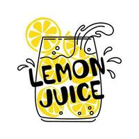 Lemon juice in a glass with lemon slices and juice splash. Vector illustration isolated