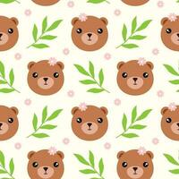 Seamless pattern with little baby bears. Character of baby animal face with pink flower on head. Vector illustration of bear cub. Print with animals and plants for kids.