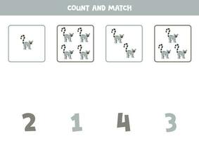 Counting game for kids. Count all lemurs and match with numbers. Worksheet for children. vector