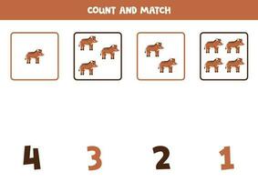 Counting game for kids. Count all warthogs and match with numbers. Worksheet for children. vector