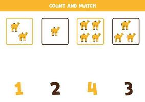 Counting game for kids. Count all camels and match with numbers. Worksheet for children. vector