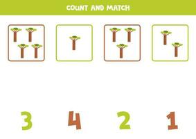 Counting game for kids. Count all baobabs and match with numbers. Worksheet for children. vector