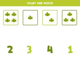 Counting game for kids. Count all green bushes and match with numbers. Worksheet for children. vector