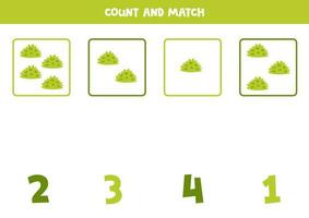 Counting game for kids. Count all green bushes and match with numbers. Worksheet for children. vector