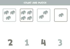 Counting game for kids. Count all elephants and match with numbers. Worksheet for children. vector